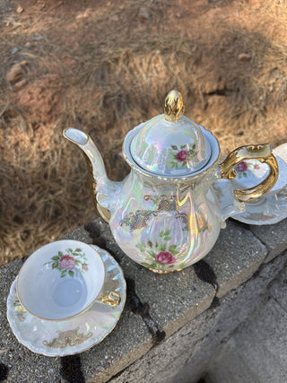 12F 5 piece iridescent and gold rose tea set RSV|79440
