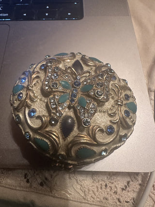Enamel Butterfly embellished Jeweled Cloth Lined round trinket box #62 VV MTS