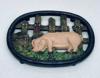 VV #62 Iron Trivet heavy duty 8" cast iron pig  fence art decor
