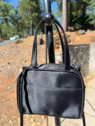 black satin Frankie & Johnnie handbag with rose emblem detail