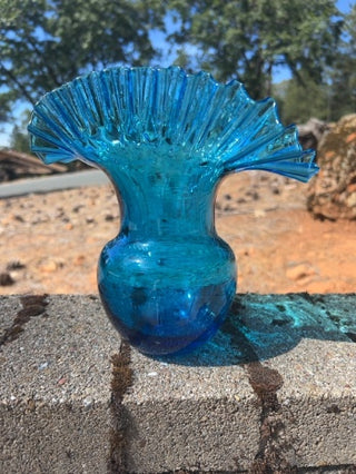 8” vintage Blenko Art Glass vase Azure Blue ruffled or crimped top edge