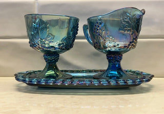 Vintage Indiana Harvest Grape Blue Purple Carnival Glass Cream Sugar Set|96222