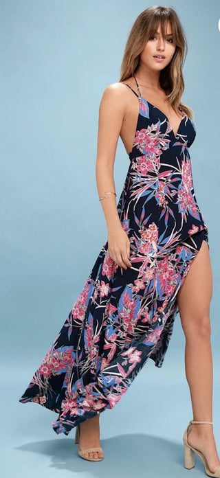Lulu's Tropical Hawaiian Backless & Plunging Neckline w/High Side Slit Maxi Dress Size XS RCD