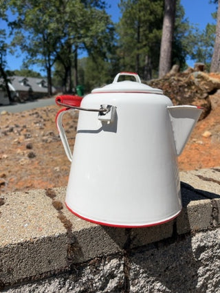 cowboys outdoor coffee kettle Vintage Extra-Large Enamel Ware Cowboy Coffee Pot Kettle Large Cowboy Camp Fire White Red