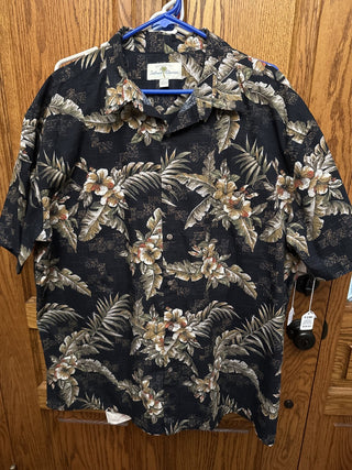 Vintage Island Shores Men's Hawaiian Shirt Black with Tan and Green Flowers and Leaf -RCD|122382