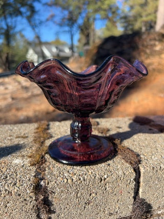 JP 4.5” Compote Bowl Coin Spot Thumbprint Amethyst Pedestal Ruffle Carnival Glass