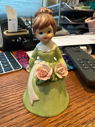 Vtg. Bell - Brown Haired Lady w/flowers, green dress 4.5" RCD|92940