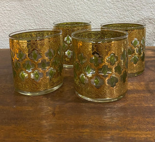 Signed Set of 8 Old Fashion Glasses, Valencia by Culver, 14k Gold  & Green Hand Paint|52947