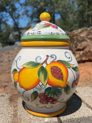 Ceramic cannister with lid and fruit hand painted by Fruitteria