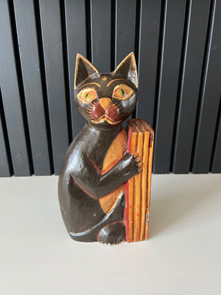 Vintage wooden cat and books figurine RSV|105584