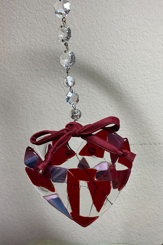 Art Glass Suncatcher Heart with Vintage Prisms 4 inch RSV