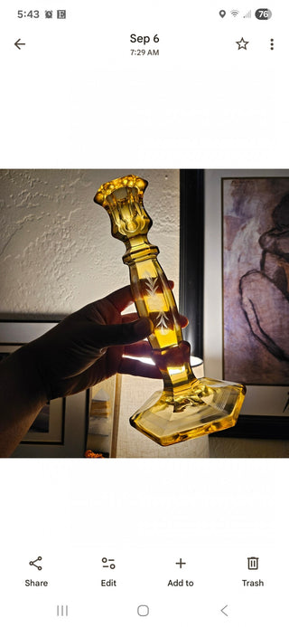 Vintage Yellow Depression Glass Candleholder with Etched Flowers (BRI) - MTS|112259