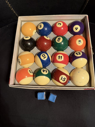 Billiard Master Pool Balls and 2 blue chalks 21/4"  #47 VV MTS