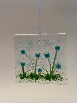 Fused Glass Sun Catcher with Turquoise Tulips 3" x 2.75" - AnoGlass|58516