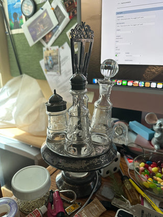 Antique Silver Plated Castor Cruet Caddy Carousel, etched glass