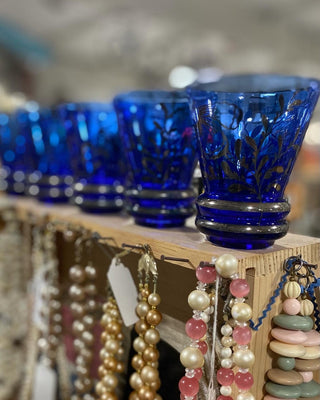 Art Nouveau Set/5 Gilded Cobalt Blue Glasses MTS