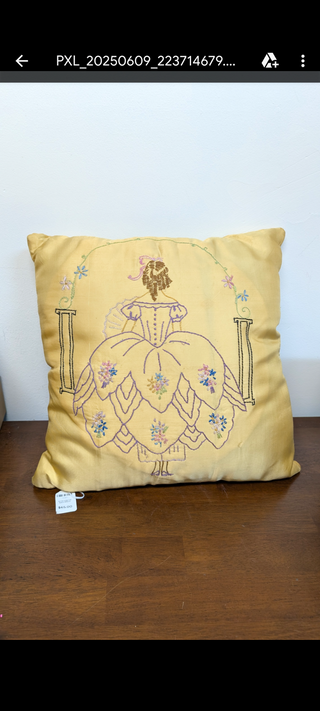 Vintage Yellow Satin Hand Embroidered Victorian Woman Pillow RSV