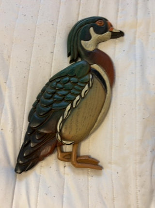 JP hand-painted wooden wall-hanging carving of a wood duck drake