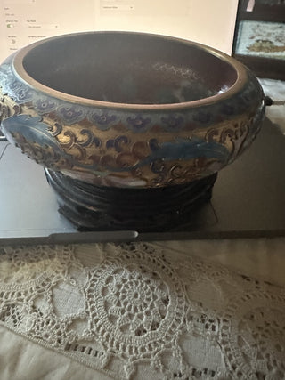 Vintage Chinese Cloisonne Floral Bowl with brass trim and base on stand #62 VV MTS|74118