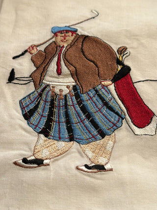 Tea Towel - Linen embroidered w/Scottish Kilted Golfer 14"x12.5" RCD|105203