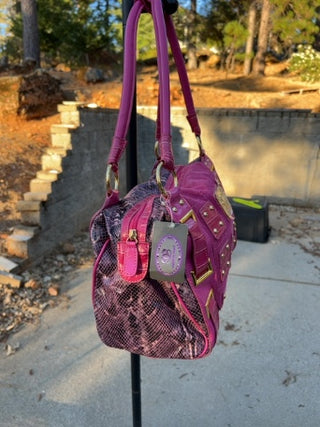 NWT Original by Sharif 1827 handbag features a striking fuchsia and purple snakeskin pattern