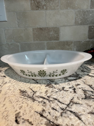 Vintage Glasbake Oval Divided Casserole Dish with Green Daisy Pattern RCD|120397