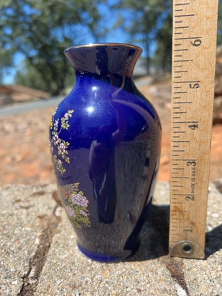 BB Vintage 6.5” Asahi Japanese Peacock And Floral  Vase Cobalt Blue Vases Japan