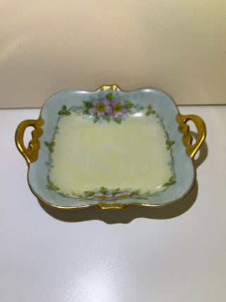 Handpainted Square Porcelain Trinket Dish with Gold Handles