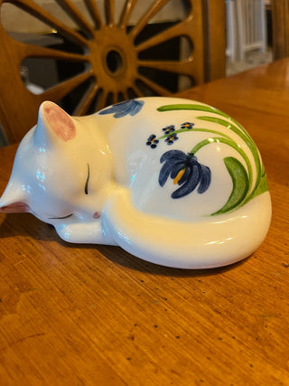 Ceramic Hand Painted Sleeping Cat w/Floral Design RSV|99967