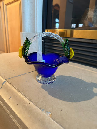 Murano Cobalt Blue Glass Basket w.yellow flowers and clear glass handle 6"t x 7"w|62624