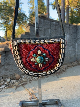 JP Vintage boho heavily beaded handbag w/cowerie shells