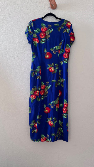 90s apple print dress blue button front MTS|119703