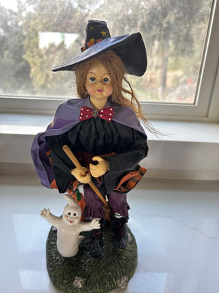 Halloween Witch Figure Ghost Pumpkin Broomstick Purple Cape Resin Folk Art Mache|116125