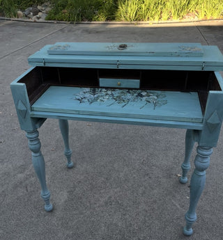 Antique Teal Distressed Secretary Desk with Beautiful Embellishments RCD (Pickup Only)