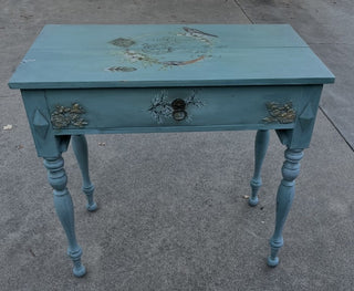 Antique Teal Distressed Secretary Desk with Beautiful Embellishments RCD (Pickup Only)
