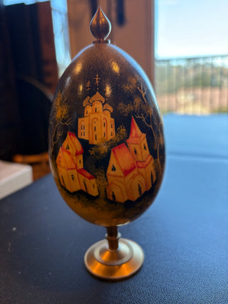 Vtg. (1990's) hand painted Lacquer egg on brass stand, signed RCD