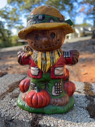 vintage hand-painted ceramic scarecrow and pumpkin figurine 1970s hobbyist mold