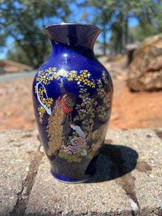 BB Vintage 6.5” Asahi Japanese Peacock And Floral  Vase Cobalt Blue Vases Japan