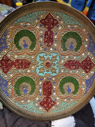 Vintage Brass and enamel Peacock tray. 8" made in Pakistan MTS|132127