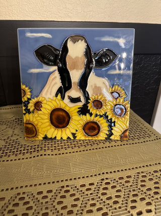 Vintage Classic Cow Tile in Sunflowers with built in Stand-RCD|68479