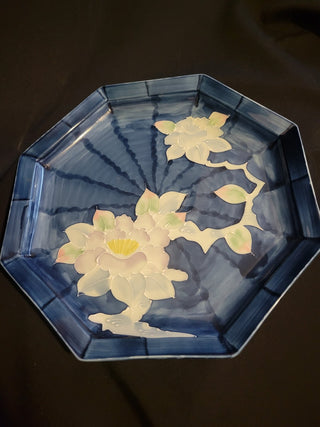 Vintage 12-1/2" Octagon Blue Platter w/Embossed Flowers RCD