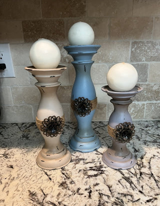 Set of 3 Candleholders (Blue/Purple/Taupe) with Round White Candles RCD
