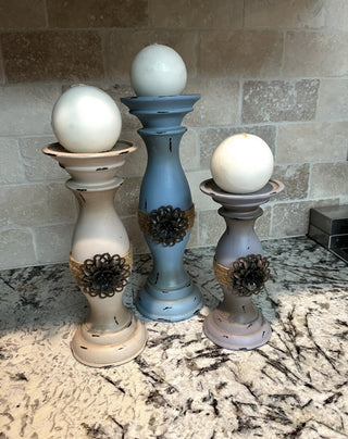 Set of 3 Candleholders (Blue/Purple/Taupe) with Round White Candles RCD