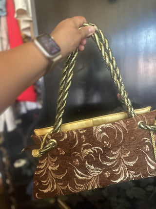 Fancy Vintage glass beads on the front and embrodiery leaves, gold rope handle with zippers on inside and out #63 VV MTS|129557