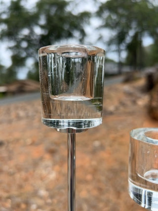 Pair tall clear glass and acrylic candlesticks sleek silver-finished stem