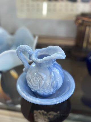 Vintage Avon blue milk glass mini pitcher|72036