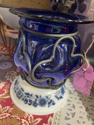 #103-Vtg.Handblown Caged Cobalt Blue Vase-RSV