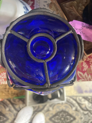 #103-Vtg.Handblown Caged Cobalt Blue Vase-RSV