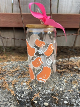 NEW Orange Ghost Glass Tumbler with Engraved Name Bamboo Lid and Glass Straw