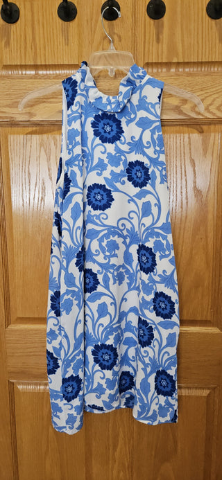 Dress, blue & white, sz M, Gibson brand, side pockets, sleeveless, back sash, RSV|104009